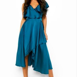 Teal Boohoo Satin Asymmetrical Dress